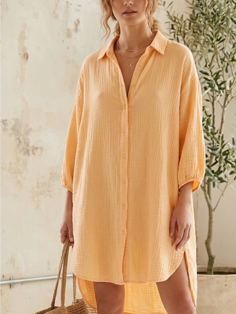 Magaschoni Papaya Orange  Organic Cotton Gauze Button-Front Shirt Dress NWT